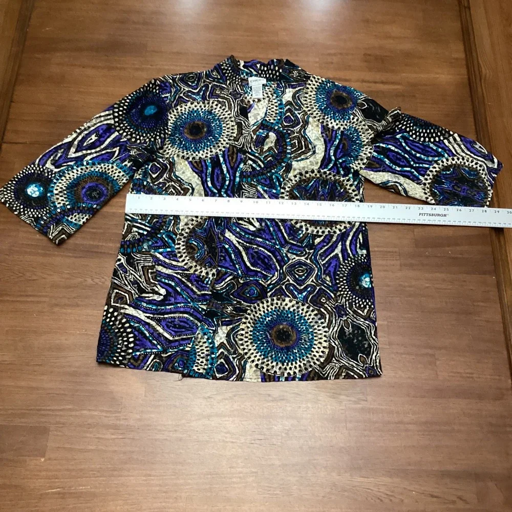 Chicos Size 1/M Purple Blue Abstract Geometric Mesh V-Neck 3/4 Sleeve Top Blouse